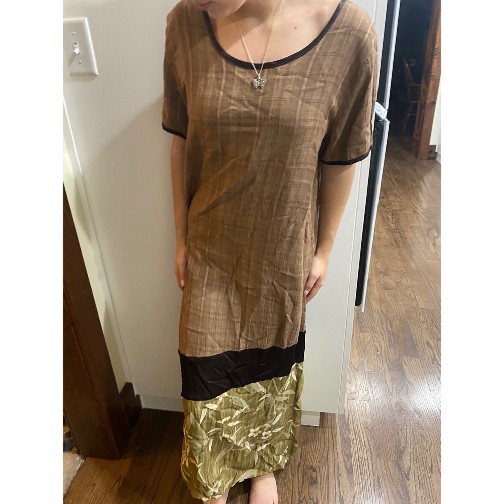 Vintage 90s Made in Hawaii Floral Colorblock Maxi Dress Brown Green Short Sleeve